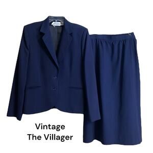 Vintage The Villager 2 Piece Suit Skirt Blazer Jacket Women SZ 14 Navy Blue Wool